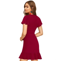 Women's Knitting strachable Solid V Neck Flaired Sleeve Dresses (Maroon ) - XL