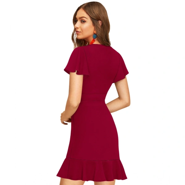 Women's Knitting strachable Solid V Neck Flaired Sleeve Dresses (Maroon ) - XL