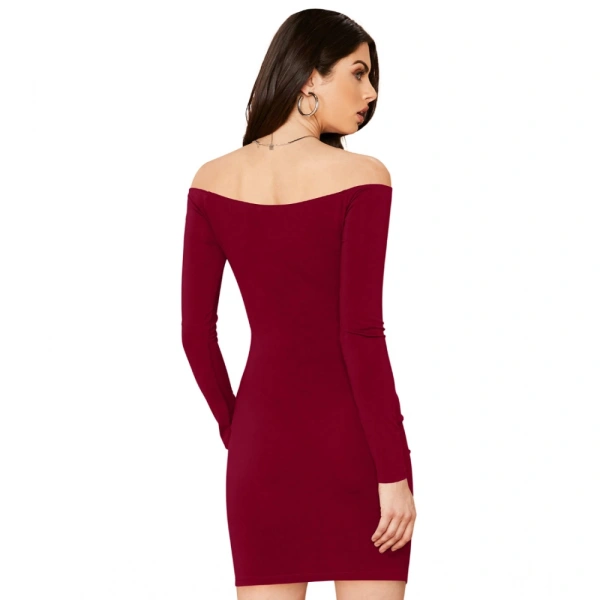 Women's Knitting strachable Solid V Neck Full Sleeve Dresses (Maroon) - S