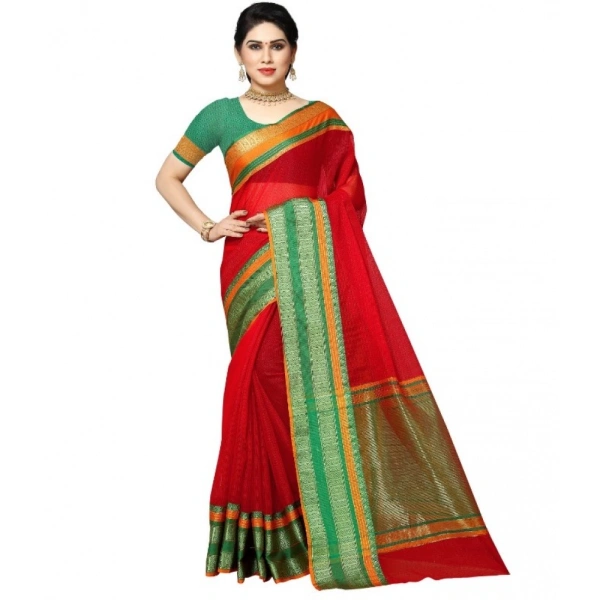 Women's Kota Doria Cotton Border Saree With Blouse (Red, 5-6 Mtrs) - Red