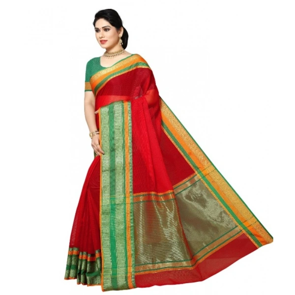 Women's Kota Doria Cotton Border Saree With Blouse (Red, 5-6 Mtrs) - Red