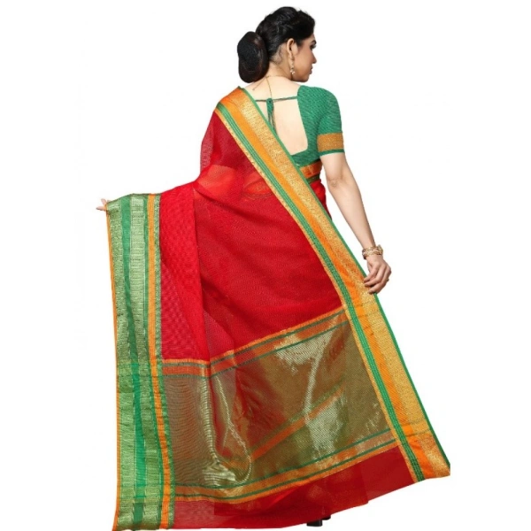 Women's Kota Doria Cotton Border Saree With Blouse (Red, 5-6 Mtrs) - Red