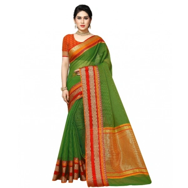 Women's Kota Doria Cotton Border Saree With Blouse (Green, 5-6 Mtrs) - Green