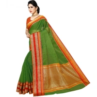 Women's Kota Doria Cotton Border Saree With Blouse (Green, 5-6 Mtrs) - Green