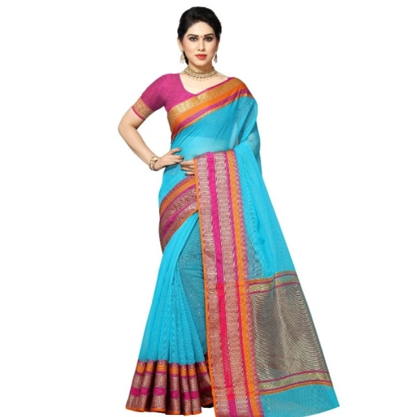 shopnav's Women's Kota Doria Cotton Border Saree With Blouse (Sky Blue, 5-6 Mtrs) - Sky Blue