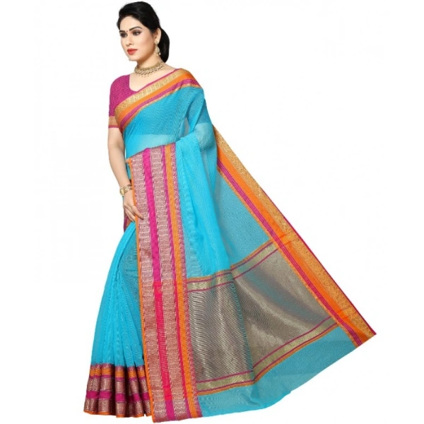 shopnav's Women's Kota Doria Cotton Border Saree With Blouse (Sky Blue, 5-6 Mtrs) - Sky Blue