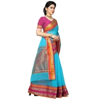 shopnav's Women's Kota Doria Cotton Border Saree With Blouse (Sky Blue, 5-6 Mtrs) - Sky Blue