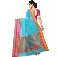 shopnav's Women's Kota Doria Cotton Border Saree With Blouse (Sky Blue, 5-6 Mtrs) - Sky Blue