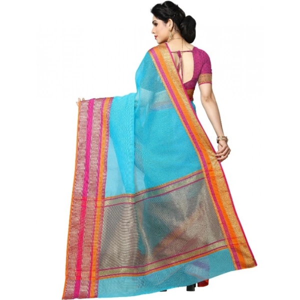 shopnav's Women's Kota Doria Cotton Border Saree With Blouse (Sky Blue, 5-6 Mtrs) - Sky Blue