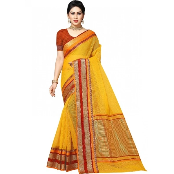 Women's Kota Doria Cotton Border Saree With Blouse (Yellow, 5-6 Mtrs) - Yellow
