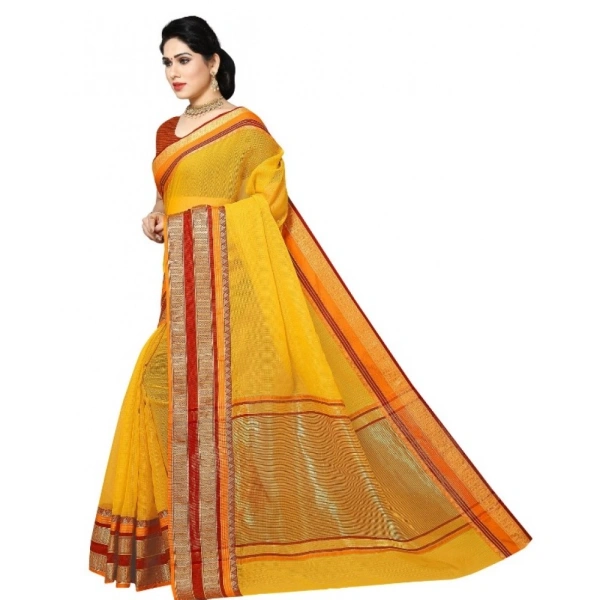 Women's Kota Doria Cotton Border Saree With Blouse (Yellow, 5-6 Mtrs) - Yellow