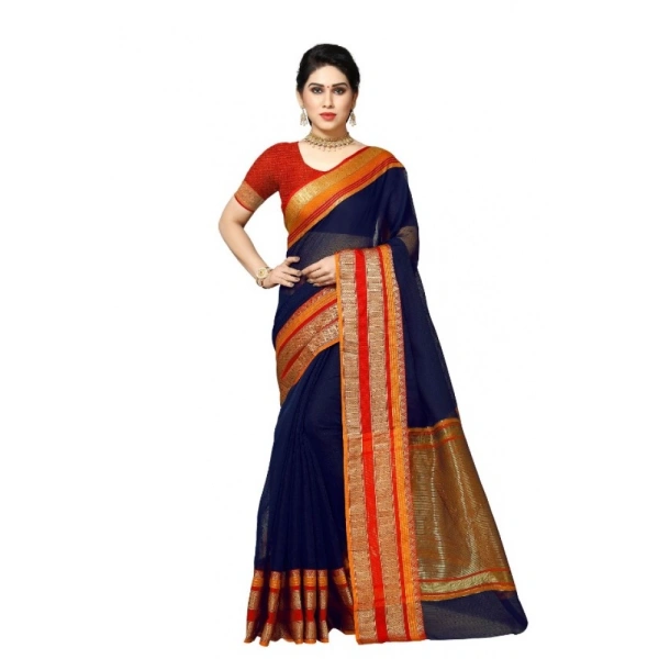 shopnav's Women's Kota Doria Cotton Border Saree With Blouse (Navy Blue, 5-6 Mtrs) - Navy Blue