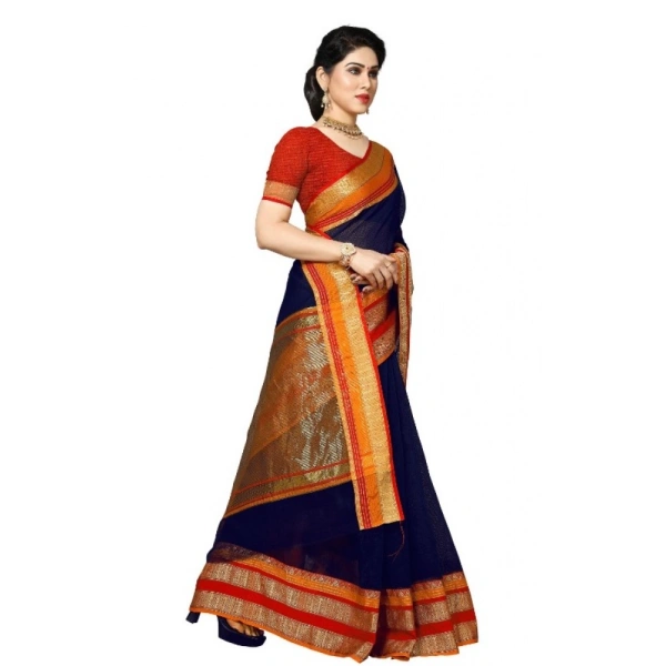 shopnav's Women's Kota Doria Cotton Border Saree With Blouse (Navy Blue, 5-6 Mtrs) - Navy Blue