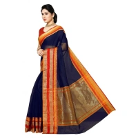 shopnav's Women's Kota Doria Cotton Border Saree With Blouse (Navy Blue, 5-6 Mtrs) - Navy Blue