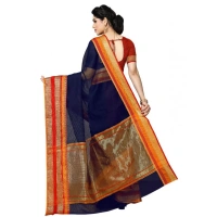 shopnav's Women's Kota Doria Cotton Border Saree With Blouse (Navy Blue, 5-6 Mtrs) - Navy Blue