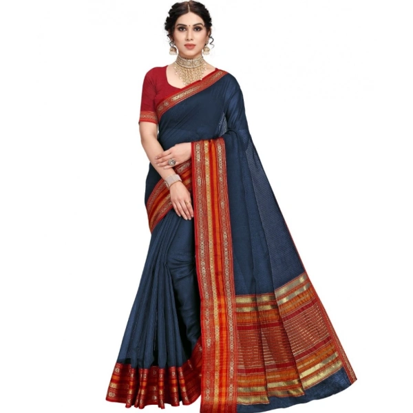 Women's Kota Doria Cotton Bordered Saree With Blouse (Navy Blue, 5-6 Mtrs) - Navy Blue