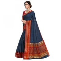 Women's Kota Doria Cotton Bordered Saree With Blouse (Navy Blue, 5-6 Mtrs) - Navy Blue