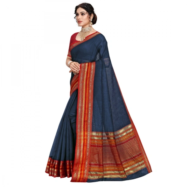 Women's Kota Doria Cotton Bordered Saree With Blouse (Navy Blue, 5-6 Mtrs) - Navy Blue