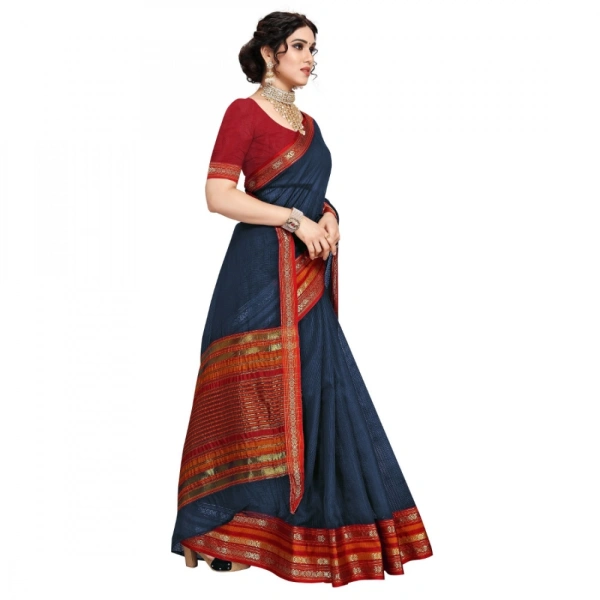 Women's Kota Doria Cotton Bordered Saree With Blouse (Navy Blue, 5-6 Mtrs) - Navy Blue