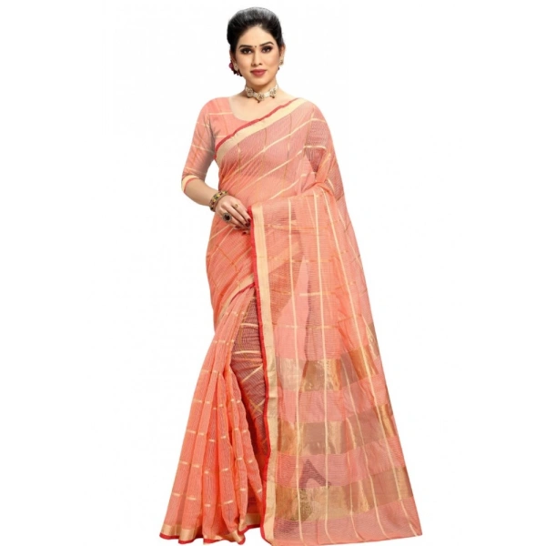 Women's Kota Doria Cotton Checked Saree With Blouse (Peach, 5-6 Mtrs) - Peach