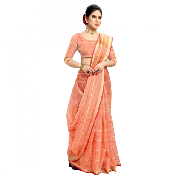 Women's Kota Doria Cotton Checked Saree With Blouse (Peach, 5-6 Mtrs) - Peach