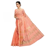 Women's Kota Doria Cotton Checked Saree With Blouse (Peach, 5-6 Mtrs) - Peach