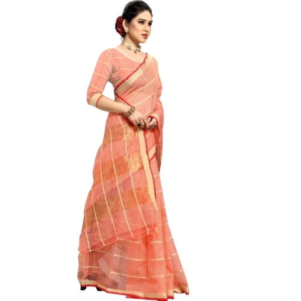 Women's Kota Doria Cotton Checked Saree With Blouse (Peach, 5-6 Mtrs) - Peach