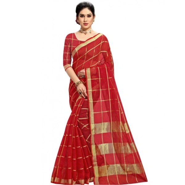 Women's Kota Doria Cotton Checked Saree With Blouse (Red, 5-6 Mtrs) - Red