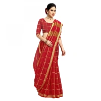 Women's Kota Doria Cotton Checked Saree With Blouse (Red, 5-6 Mtrs) - Red