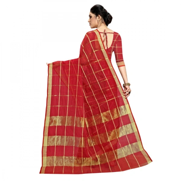 Women's Kota Doria Cotton Checked Saree With Blouse (Red, 5-6 Mtrs) - Red
