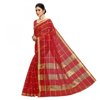 Women's Kota Doria Cotton Checked Saree With Blouse (Red, 5-6 Mtrs) - Red