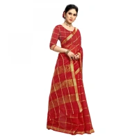Women's Kota Doria Cotton Checked Saree With Blouse (Red, 5-6 Mtrs) - Red