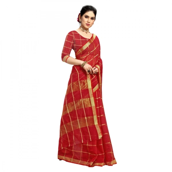 Women's Kota Doria Cotton Checked Saree With Blouse (Red, 5-6 Mtrs) - Red
