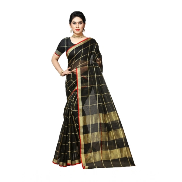 Women's Kota Doria Cotton Saree With Blouse (Black,6-3 Mtrs) - Black