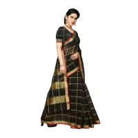Women's Kota Doria Cotton Saree With Blouse (Black,6-3 Mtrs) - Black