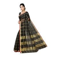Women's Kota Doria Cotton Saree With Blouse (Black,6-3 Mtrs) - Black