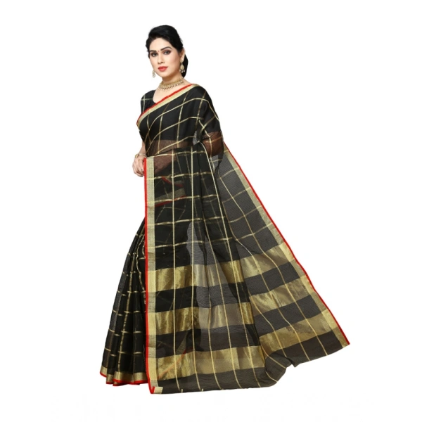 Women's Kota Doria Cotton Saree With Blouse (Black,6-3 Mtrs) - Black