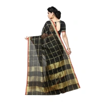 Women's Kota Doria Cotton Saree With Blouse (Black,6-3 Mtrs) - Black