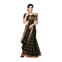 Women's Kota Doria Cotton Saree With Blouse (Black,6-3 Mtrs) - Black