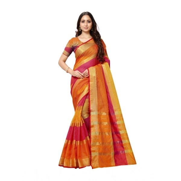Women's Kota Doria Cotton Saree With Blouse (Orange,6-3 Mtrs) - Orange