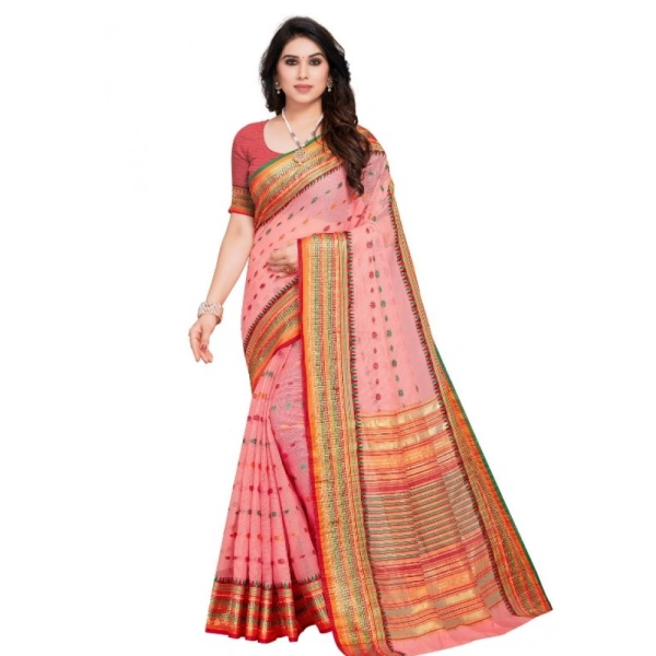 Women's Kota Doria Cotton Woven Butta Saree With Blouse (Pink, 5-6 Mtrs) - Pink