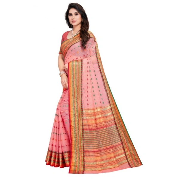 Women's Kota Doria Cotton Woven Butta Saree With Blouse (Pink, 5-6 Mtrs) - Pink