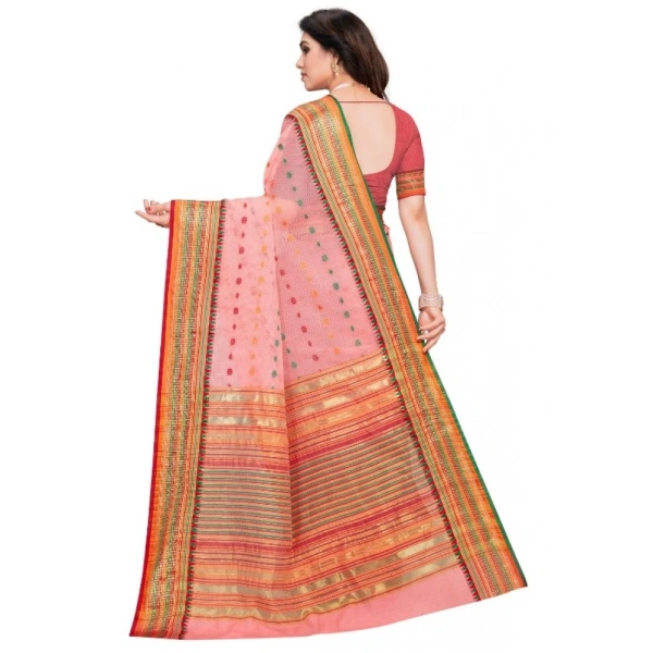 Women's Kota Doria Cotton Woven Butta Saree With Blouse (Pink, 5-6 Mtrs) - Pink