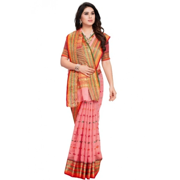 Women's Kota Doria Cotton Woven Butta Saree With Blouse (Pink, 5-6 Mtrs) - Pink