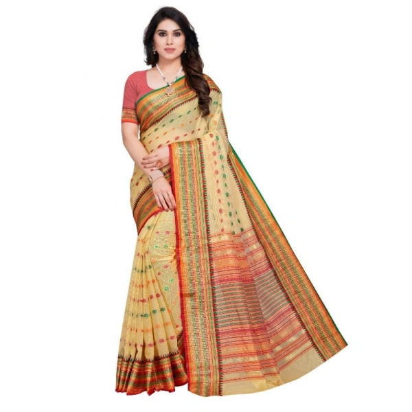 Women's Kota Doria Cotton Woven Butta Saree With Blouse (Beige, 5-6 Mtrs) - Beige