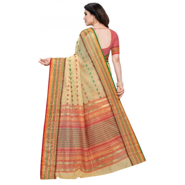Women's Kota Doria Cotton Woven Butta Saree With Blouse (Beige, 5-6 Mtrs) - Beige