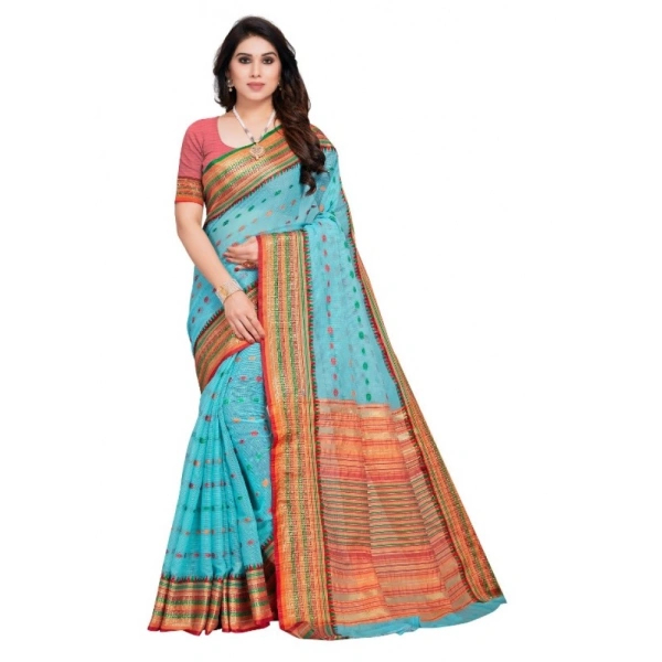Women's Kota Doria Cotton Woven Butta Saree With Blouse (Sky Blue, 5-6 Mtrs) - Sky Blue