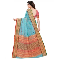 Women's Kota Doria Cotton Woven Butta Saree With Blouse (Sky Blue, 5-6 Mtrs) - Sky Blue