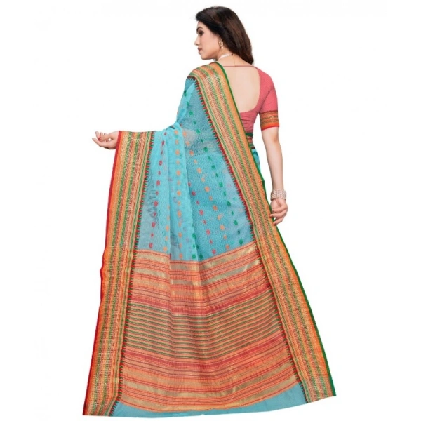 Women's Kota Doria Cotton Woven Butta Saree With Blouse (Sky Blue, 5-6 Mtrs) - Sky Blue