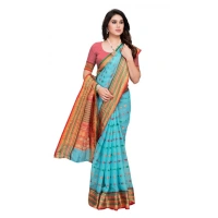 Women's Kota Doria Cotton Woven Butta Saree With Blouse (Sky Blue, 5-6 Mtrs) - Sky Blue